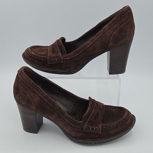 Born Brown Suede Comfort Penny Loafers Womens Chunky Heels Size 7 CKF10 - Picture 1 of 8